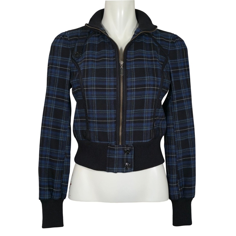 GUESS Jeans Women's Plaid Bomber Jacket Blue Black Crop Zip Medium